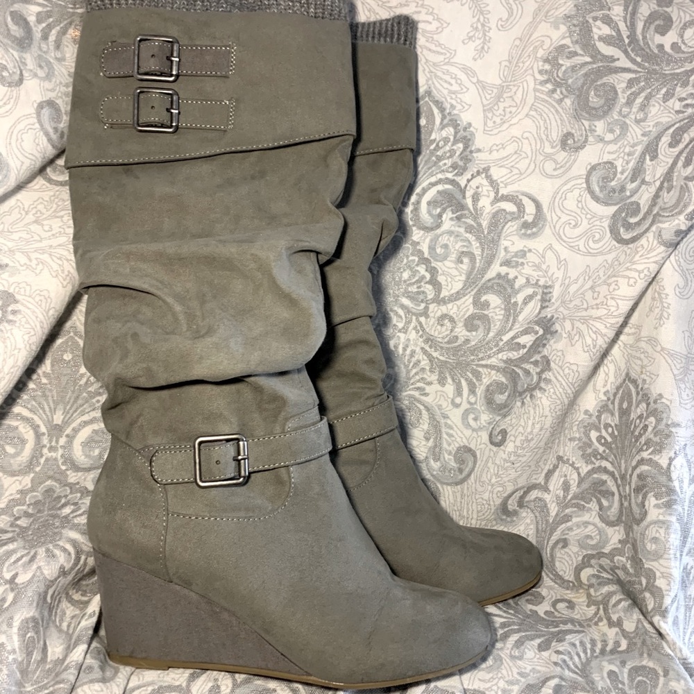 Grey wedge boots with cuff and leg warmer accent